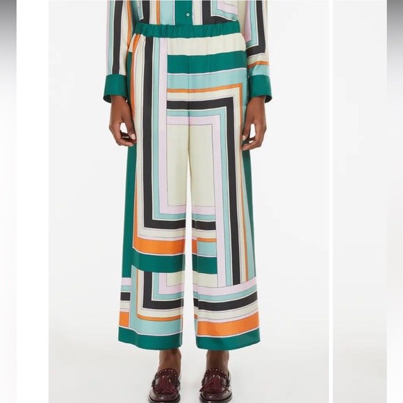 Weekend Max Mara Pants - Weekend Max Mara Geometric Stripe Wide-Leg Pants in Teal, Cream, Orange, Black